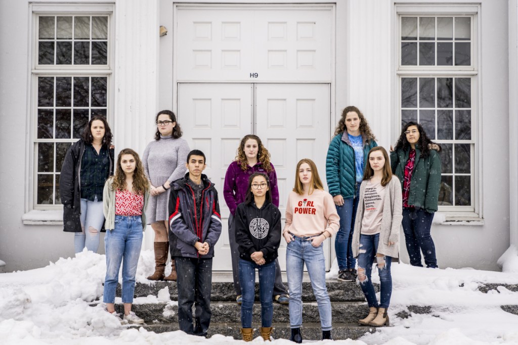 A group of Greely High School students led by Anna Raley, center, is planning a walkout Wednesday as part of the nationwide protest against gun violence following the shooting deaths of 17 people at a high school in Parkland, Fla. From left are Clarissa Campo, 17, senior; Madelaine Panici, 17, junior; Mollie McDonald, 16, junior; Ibrahim Saleh, 16, junior; Kathryn Abel, 18, senior; Raley, 16, sophomore; Emily Stinneford, 15, sophomore; Meghan Abel, 15, sophomore; Adeline Ray, 18, senior; and Safa Saleh, 18, senior.