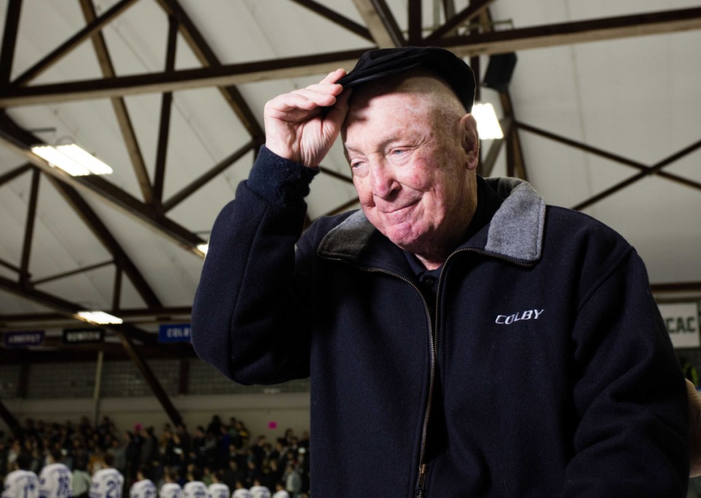 Longtime Colby College men's hockey coach Jack Kelley tips his cap before an Oct. 29, 2015, game against Bowdoin College inside Alfond Rink in Waterville. Kelley, 90, lives in Venice, Florida, but still follows the Mules closely.