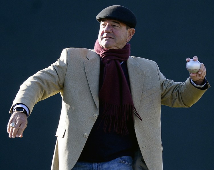 Carlos Tosca, who managed the Portland Sea Dogs for their first three seasons, throws out the opening pitch Wednesday night at Hadlock Field.