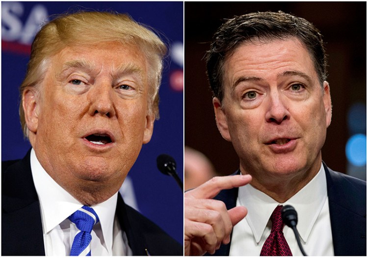 This combination photo shows President Donald Trump speaking during a roundtable discussion on tax policy in White Sulphur Springs, W.Va., on April 5, 2018, left, and former FBI director James Comey speaking during a Senate Intelligence Committee hearing on Capitol Hill in Washington on June 8, 2017. Trump fired off a series of tweets ahead of Comey's first interview on his book, "A Higher Loyalty: Truth, Lies, and Leadership," which offers his version of the events surrounding his firing as FBI director by Trump. The interview will air Sunday night on ABC. (AP Photo/Evan Vucci, left, and Andrew Harnik)