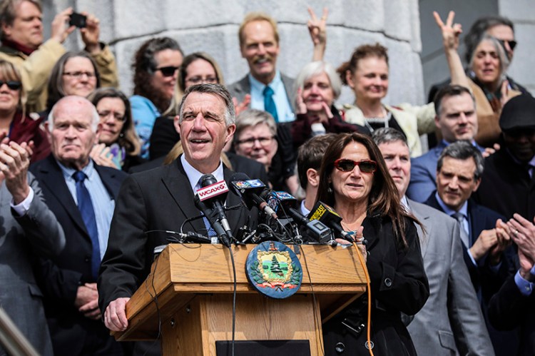 Vermont Republican Gov. Phil Scott speaking on  before signing the gun restrictions bills this month.