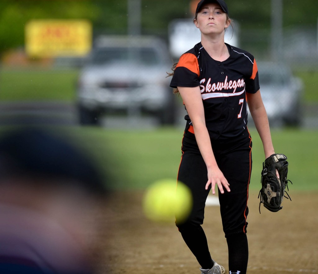 Skowhegan pitcher Ashley Alward (7) delivers a pitch to an Edward Little High School batter last season in Skowhegan