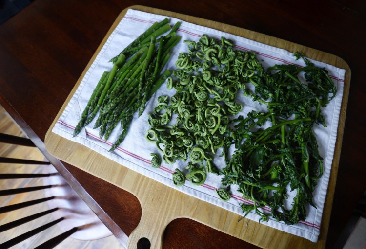 Green vegetables for Hot Smoked Salmon and Vegetable Plate with Preserved Lemon and Caper Vinaigrette.