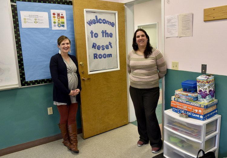 Social worker Marcy Melcher and special education teacher Bethany Szarka stand inside Moscow Elementary's reset room, where students learn how to deal with their emotions before returning to class. Such programs are worth duplicating elsewhere in Maine, says the chief of police in Bath.