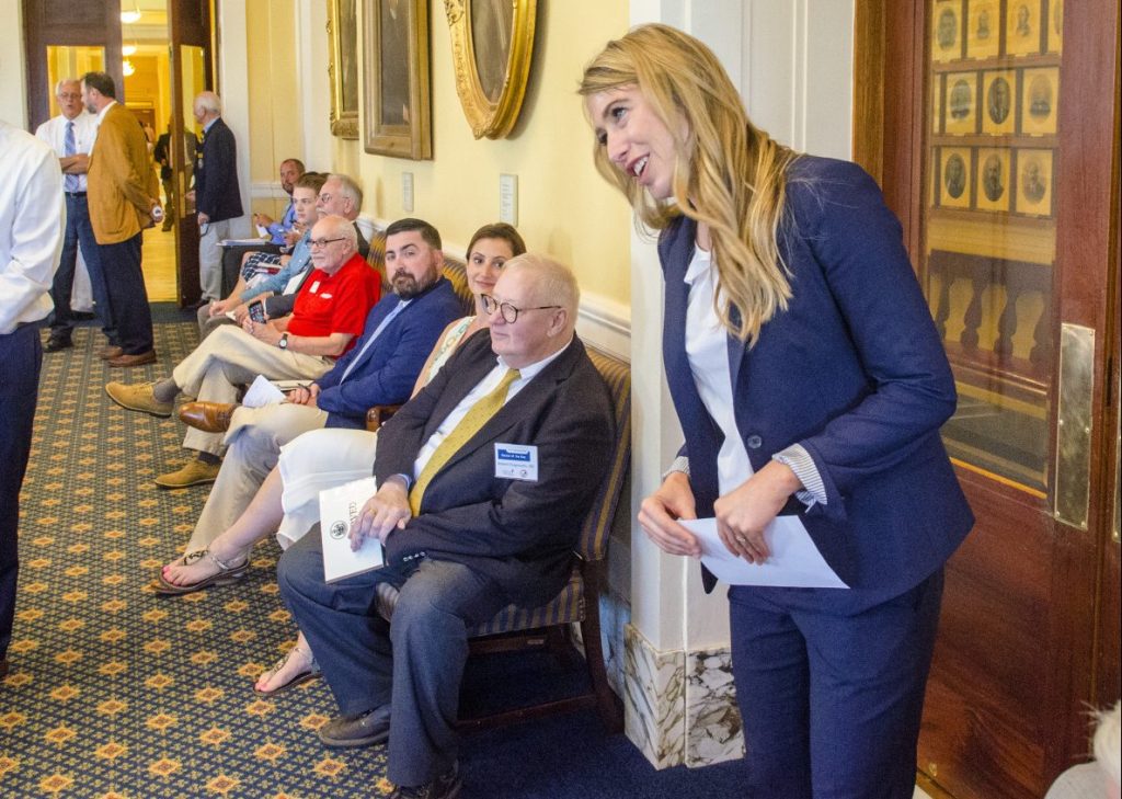 House Democratic Leader Rep. Erin Herbig, D-Belfast, delivers a message to the Senate saying that the House is in session on the opening morning of a special legislative session on Tuesday at the Maine State House in in Augusta. Part of the opening day ceremonies is that the two legislative bodies send members as messengers to each other and the governor's office announcing that they've convened.