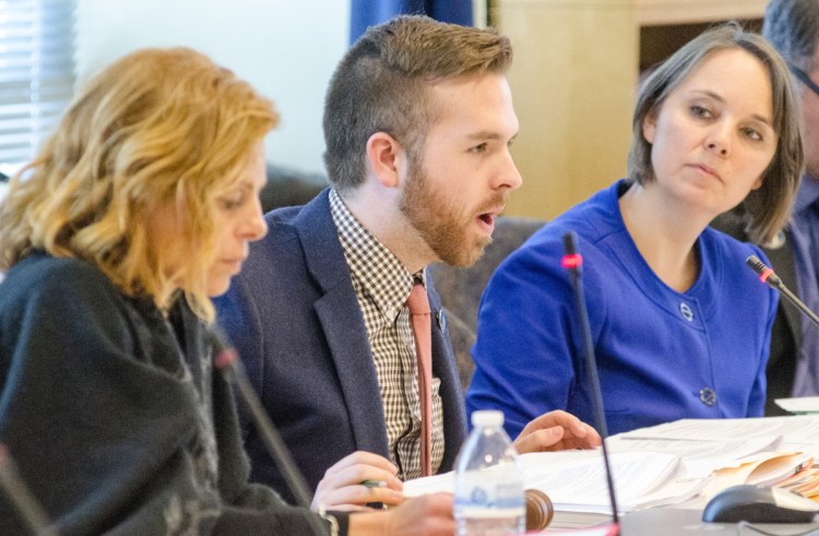 Sen. Amy Volk, R-Scarborough, left, Rep. Ryan M. Fecteau, D-Biddeford, and Sen. Shenna Bellows, D-Manchester, take part March 6 in a meeting of the Labor, Commerce, Research and Economic Development Committee. Bellows now says she is concerned about the labor department's plans to roll out the next phase of the ReEmployME unemployment insurance system.