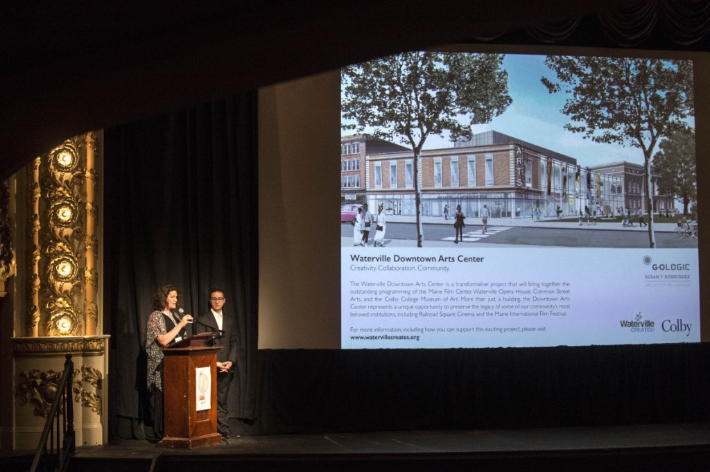 Mike Perreault, director of the Maine International Film Festival, introduces Shannon Haines, president and CEO of Waterville Creates!, a presenting sponsor, at the festival's launch Friday.