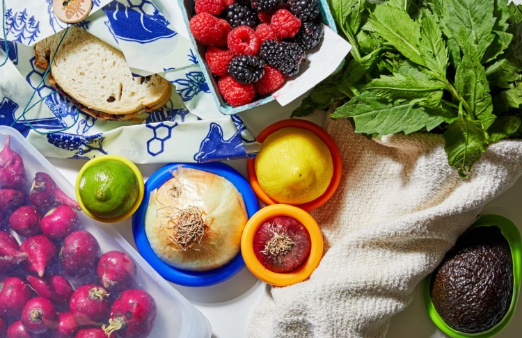 Food wrapped in various plastic alternatives.