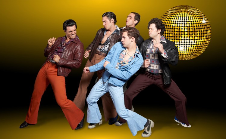 Jacob Tischler as Tony, Anthony J. Gasbarre III as Joey; Nic Casaula as Gus, Drew Carr as Bobby and Casey Shane as Double in Maine State Theatre's production of "Saturday Night Fever."