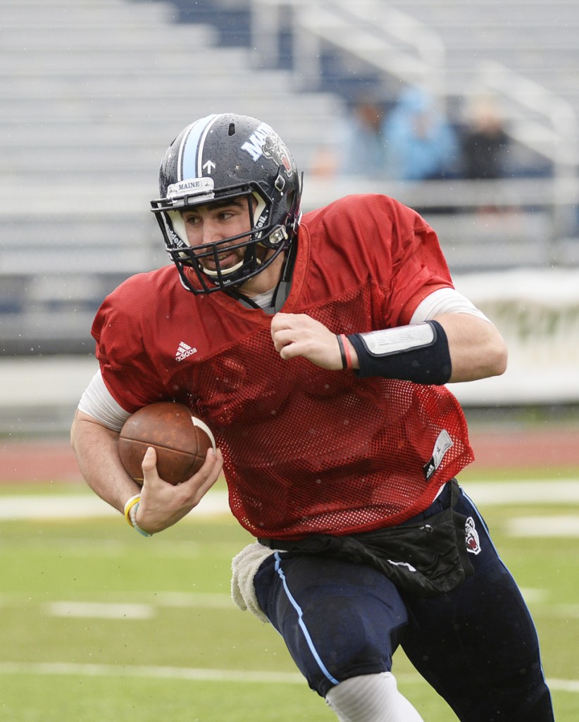 Drew Belcher started his Black Bears career as a quarterback, but was converted to tight end last season. (Staff photo by Shawn Patrick Ouellette/Staff Photographer)