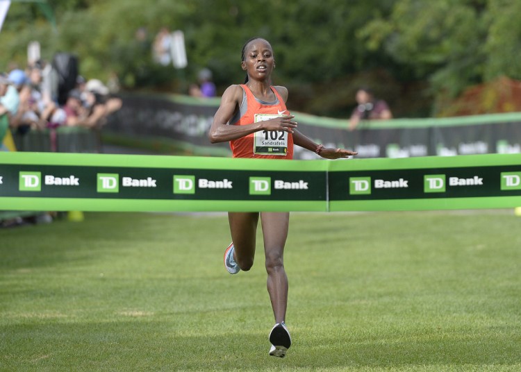 Sandrafelis Chebet Tuei of Kenya approaches the finish line to win the Beach to Beacon road race Saturday.