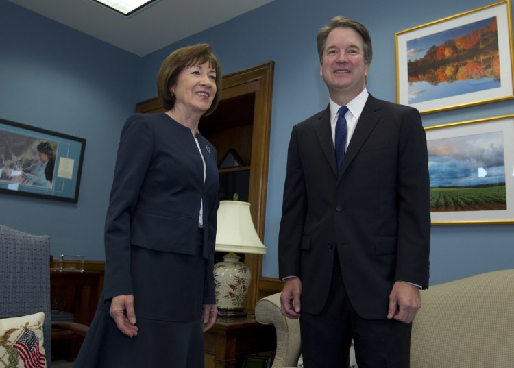 Sen. Susan Collins met with Supreme Court nominee Brett Kavanaugh at her office in August. Kavanaugh's confirmation hearings begin Monday.