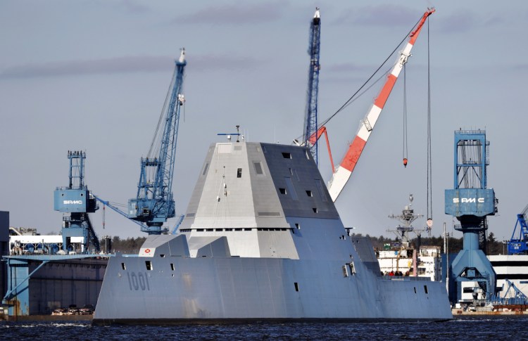 The USS Michael Monsoor, seen heading out for sea trials in December 2017, left Bath Iron Works for the last time Friday.