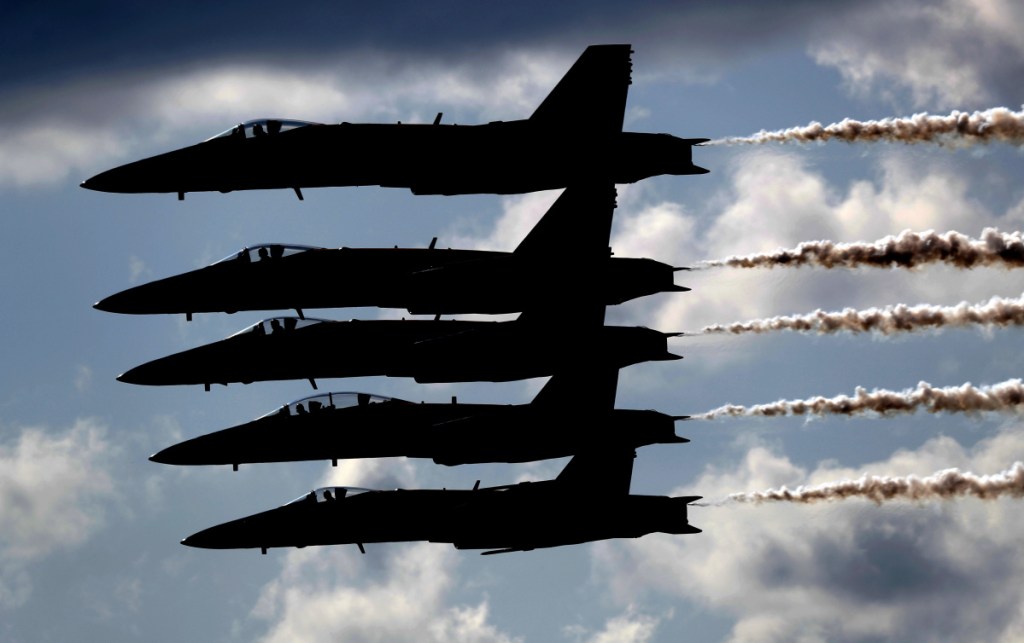 The Navy's Blue Angels demonstration team performs Aug. 26, 2017, at the Great State of Maine Air Show at the former Brunswick Naval Air Station in Brunswick, Maine. (Associated Press/Robert F. Bukaty)