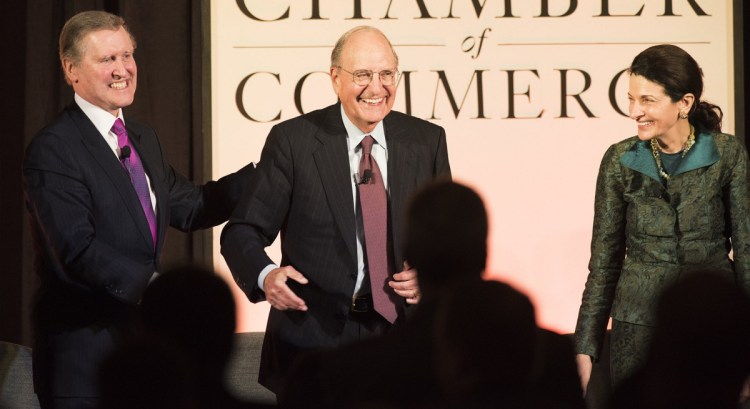 Former Sens. William Cohen, left, and George Mitchell, seen at a 2016 forum in Bangor with former Sen. Olympia Snowe, praise Sen. Angus King as a leader who understands that his responsibility "is to our country, not to ... a rigid ideology."