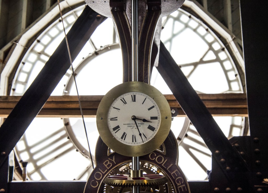 The clock ticks away near the top of the Miller Library steeple at Colby College in Waterville on August 3. The college has decided to eliminate the requirement to submit SAT or ACT scores for admission for the class of 2023, preferring instead to focus on the overall achievements of applicants, lessen their anxiety and increase access for disadvantaged students.