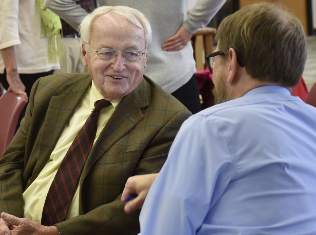 Kevin Concannon, left, former undersecretary of the U.S. Department of Agriculture for Food, Nutrition and Consumer Affairs, speaks on Oct. 17 with Chris O'Brien, chairman of the University of Maine Farmington's social science department before Concannon's talk about combating poverty.