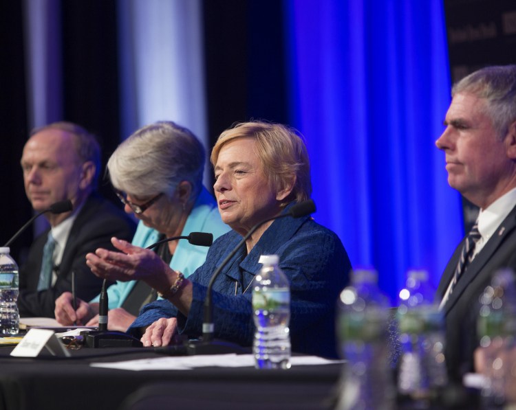 Democratic candidate Janet Mills answers a question during the debate held at the University of New England in Portland on Oct. 10.