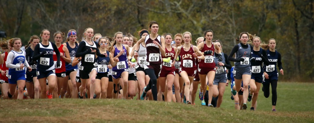 Some wore headbands, others had long sleeves, and some ran in tights as the Class B girls' cross country championship meet began Saturday. Lila Gaudrault of Cape Elizabeth embraced the cold and was the first to power to the finish.