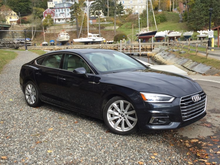 The A5 Sportback’s svelte profile and handsome grille are reminiscent of the A7, which debuted the five-door body style several years ago. (Photo by Tim Plouff)