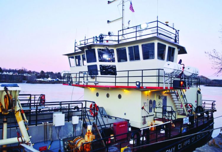 The U.S. Army Corps of Engineers' dredge Murden sits on the Saco River outside Rumery’s Boat Yard in Biddeford in November 2017. 