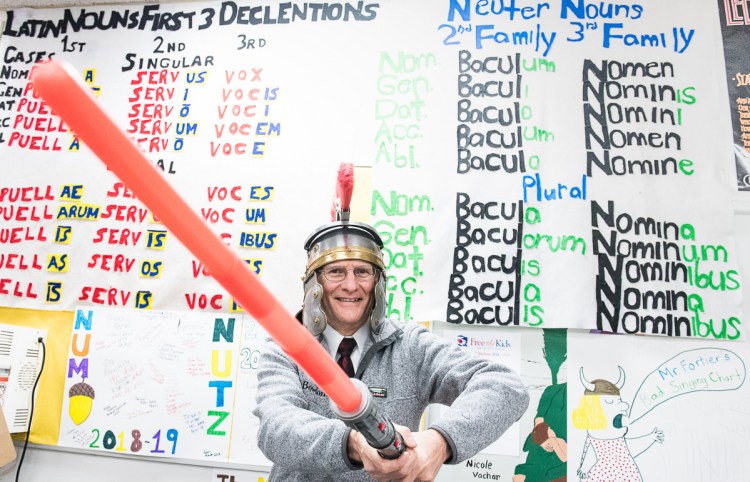 Bernie Fortier, a longtime Latin teacher at Lewiston High School, is known for his theatrics and having fun while teaching. 