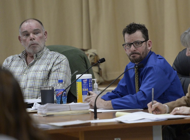 Select Board Chairman Charles Waite III, left, and Selectman Richard Dolliver listen to public comments at a meeting in January. Targeted in the Ogunquit recall effort, Waite says disagreeing with his decisions "is not sufficient reason to be recalled."