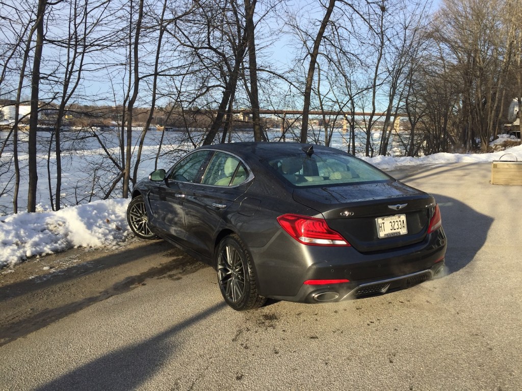 The vehicle reviewed Our top-end Prestige had an EPA mileage rating of 18/25 mpg on premium fuel, competitive with that of German sedans. Photo by Tim Plouff. Location: by the river in Damariscotta.
