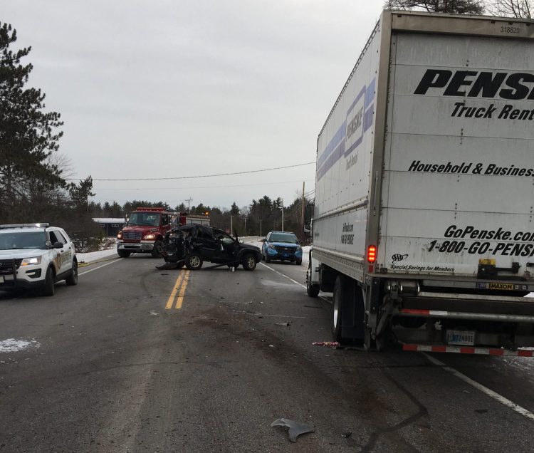 An infant was injured when an SUV was struck from behind by a box truck on Main Street in Waterboro on Thursday. 