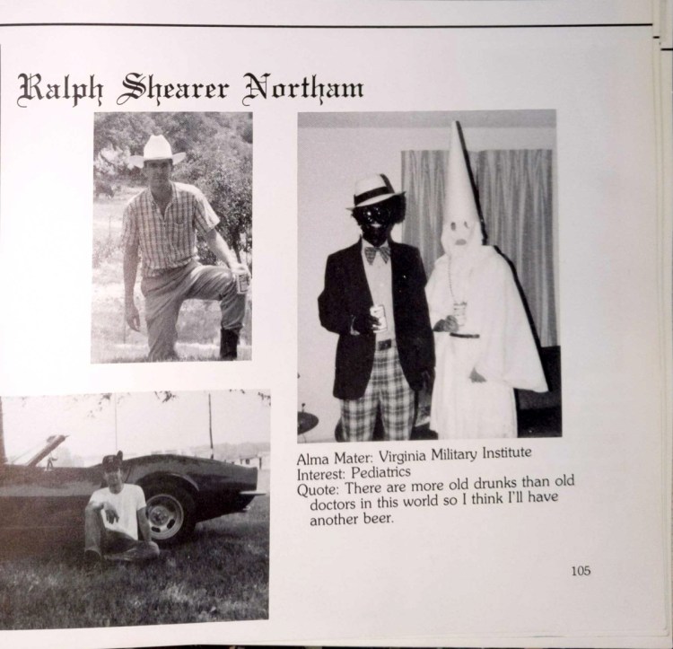 Ralph Northam's page in the 1984 yearbook of Eastern Virginia Medical School in which two people are wearing blackface and a KKK costume. 