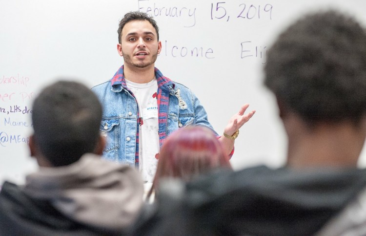Former Lewiston High School student Elijah Solis speaks to a group of students during Friday's Jobs for Maine's Graduates class at Lewiston High School. Solis, 23, made his TV debut two weeks ago on "Magnum P.I."