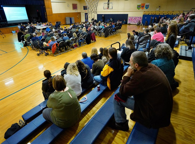 Because of the large turnout, Monday's RSU 21 school board meeting was held in the gymnasium at Kennebunk Elementary School. More than 200 people attended the meeting.