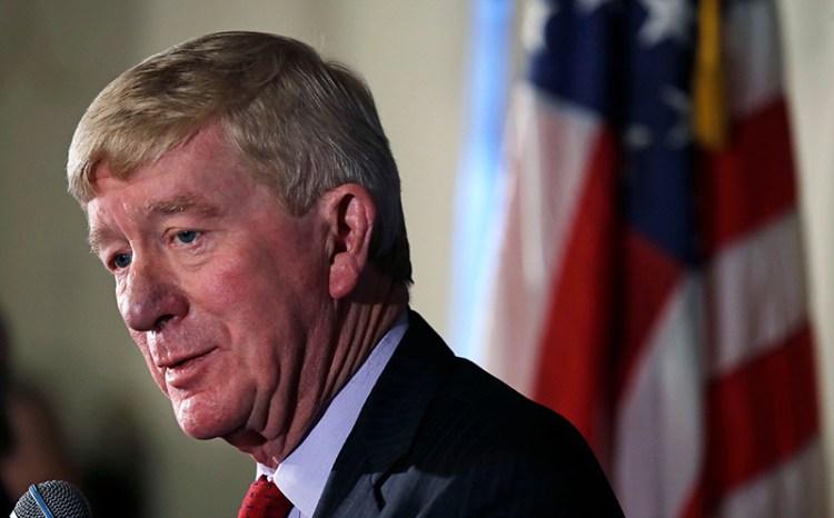 Former Massachusetts Gov. William Weld addresses a gathering in Bedford, N.H. on Friday morning. Weld announced he's creating a presidential exploratory committee for a run in the 2020 election.
