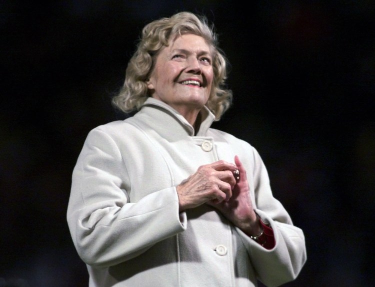 Julia Ruth Stevens, the daughter of baseball legend Babe Ruth, prepares to throw out the ceremonial first pitch at the start of Game 5 of the American League Championship Series at Fenway Park in Boston in 1999.