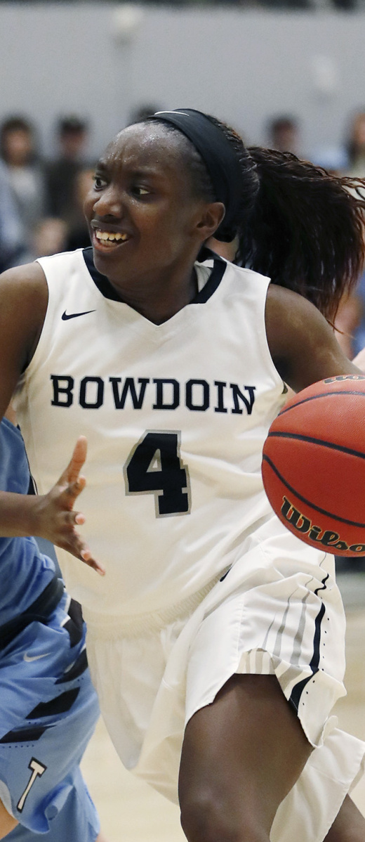 BRUNSWICK, ME - FEBRUARY 24:  Bowdoin's Taylor Choate, right, drive for the basket while being guarded by Tuft's Molly Ryan, left, during the third period of the NESCAC Women's Basketball Championships Sunday, Feb. 24, 2019 at Bowdoin College, in Brunswick, Maine. (Staff Photo by Joel Page/Staff Photographer)