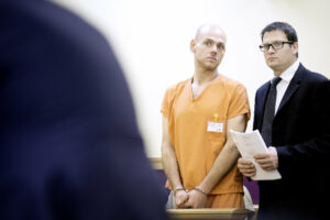 Martin Gerding of Lewiston and his attorney, Richard Charest, appear in Lewiston District Court in October. Gerding's trial on a charge of aggravated sex trafficking was to have started Tuesday.