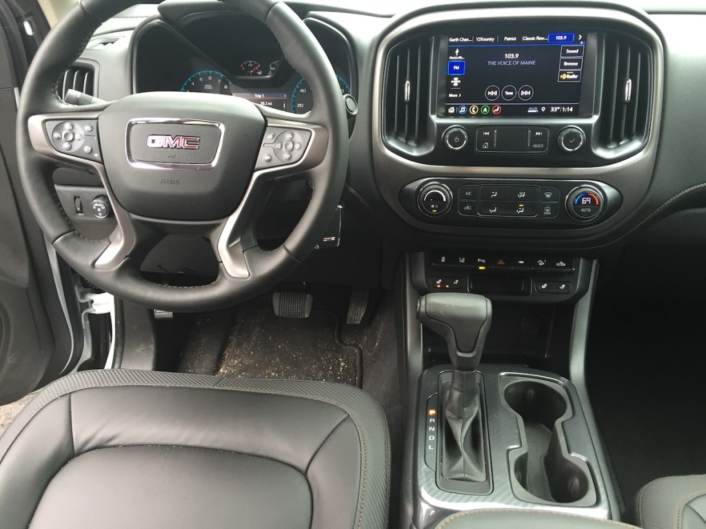 GMC Canyon AT4 trim includes, auto-locking rear diff, descent control, remote starting, wireless charging, 6-way power driver’s seat, 4-way power passenger seat, heated leather, heated wheel, auto-climate and more.