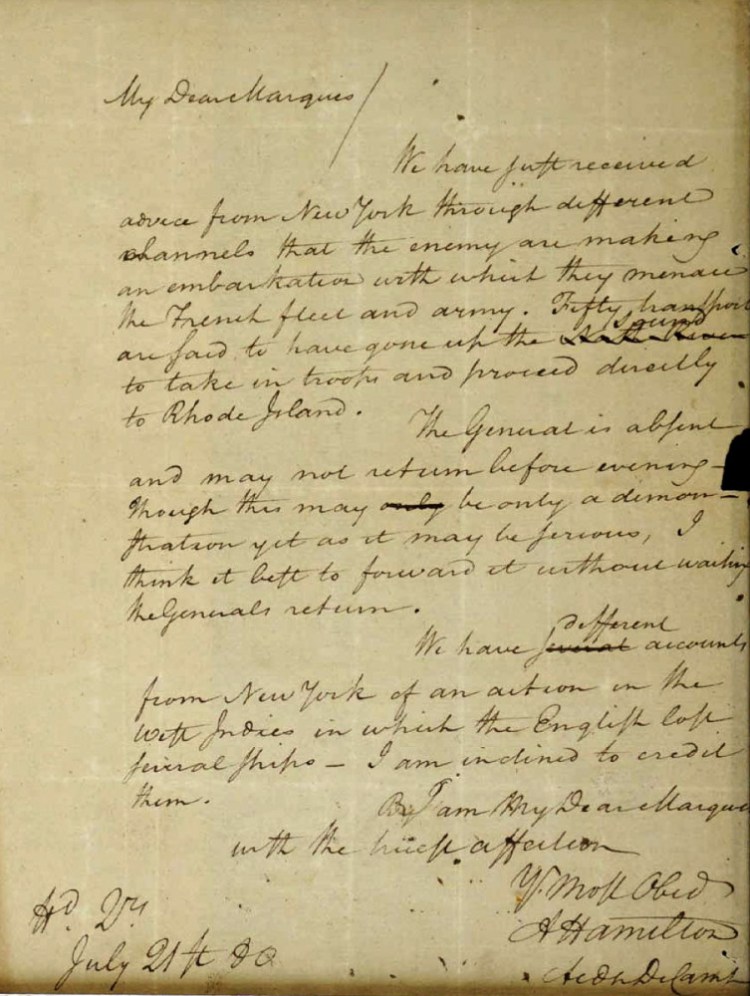 This image filed May 15, 2019, in federal court as part of a forfeiture complaint by the U.S. attorney's office in Boston shows a 1780 letter from Alexander Hamilton to the Marquis de Lafayette, that was stolen from the Massachusetts Archives decades ago. (U.S. Attorney's Office via AP)