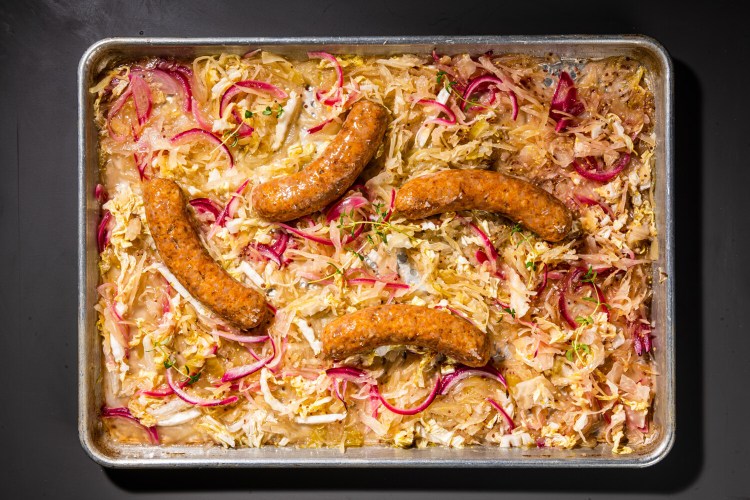 Sheet-Pan Sausages With Sauerkraut and Mustard.