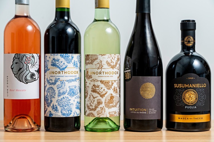 (L-r) Lion & Dove Rosé Moscato, Unorthodox Merlot Cabernet Sauvignon 2020, Unorthodox Chenin Blanc 2021, Cellier des Terres Blanches Intuition Côtes du Rhône 2019, Masca del Tacco Susumaniello 2020.