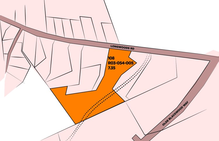 A property map of land off Longwoods Rd./Route 9 in Falmouth highlights a 7.35 acre parcel listed for sale in December, 2022.